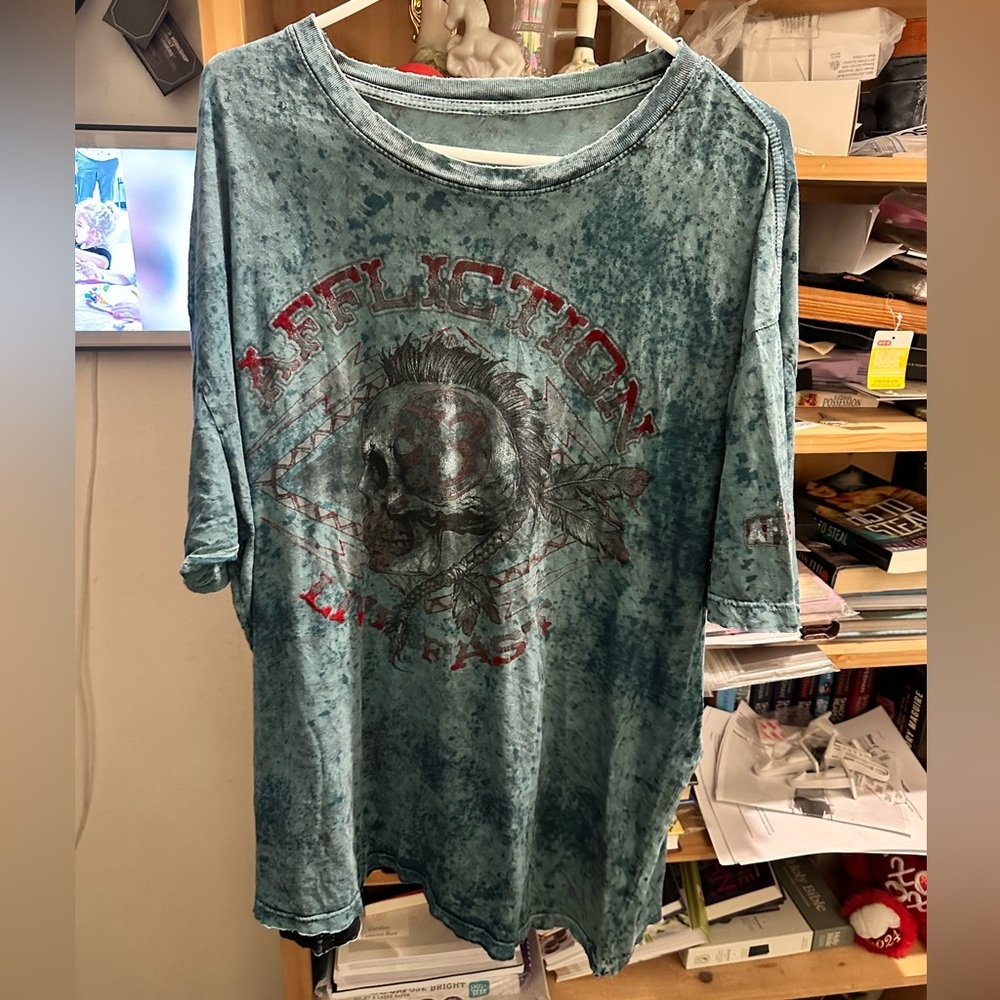 Affliction Reversible Teal Skull Graphic Tee